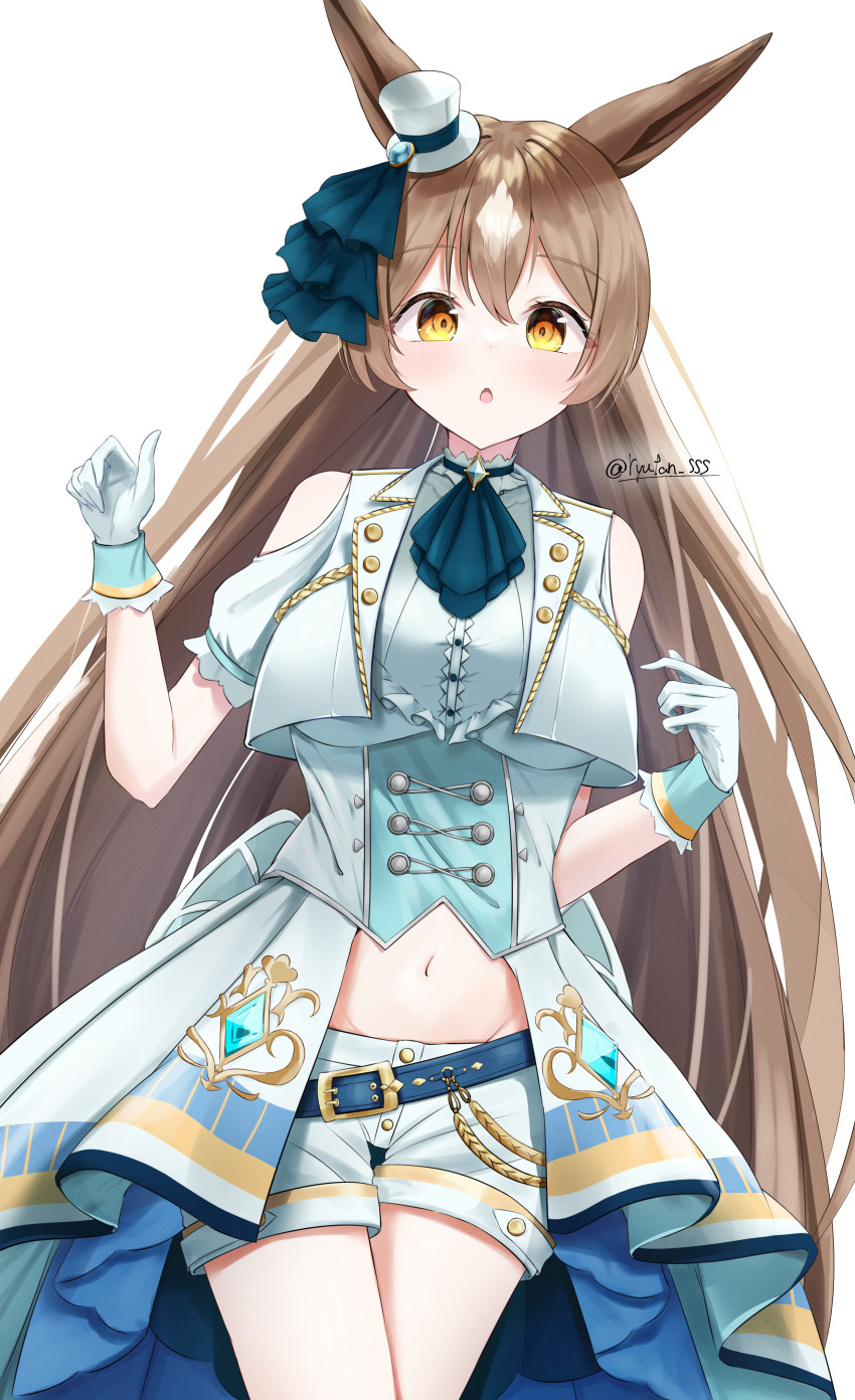 1girl absurdres animal_ears ascot blue_ascot blush breasts brown_hair buttons center_frills chestnut_mouth clothing_cutout commentary_request cosplay cowboy_shot double-breasted frills gloves hair_between_eyes hat highres horse_ears horse_girl jacket large_breasts long_hair looking_at_viewer lryutanl mejiro_mcqueen_(end_of_sky)_(umamusume) mejiro_mcqueen_(umamusume) mejiro_mcqueen_(umamusume)_(cosplay) midriff mini_hat mini_top_hat multicolored_hair navel satono_diamond_(umamusume) shorts shoulder_cutout simple_background solo streaked_hair tilted_headwear top_hat twitter_username umamusume very_long_hair white_background white_gloves white_hair white_shorts yellow_eyes