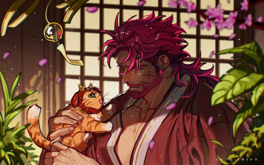1boy affectionate ao_n_shiro bara beard cat connected_beard facial_hair facial_scar falling_petals full_beard highres large_pectorals male_focus mature_male medium_hair mullet muscular muscular_male original pectoral_cleavage pectorals petals red_facial_hair red_hair scar scar_on_cheek scar_on_face solo thick_beard upper_body