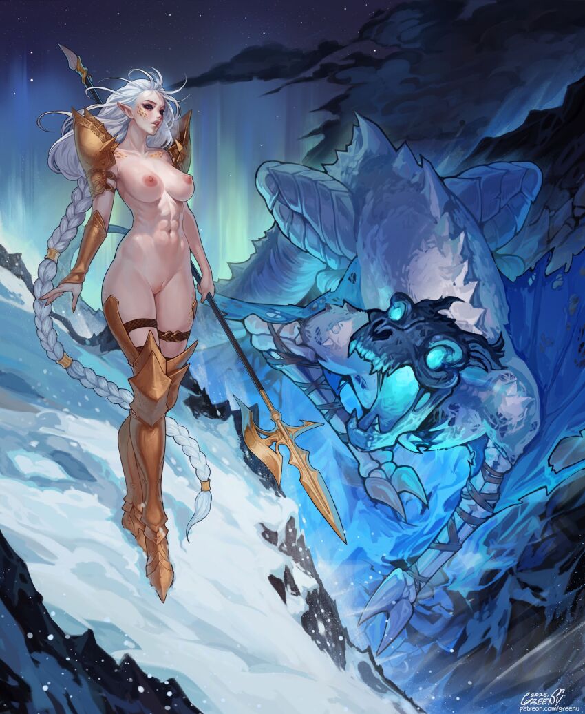 1girl 2025 abs absurdres arm_belt arm_guards armor armored_boots armored_legwear artist_name aurora belt black_eyeliner blue_eyes body_markings boots braid breasts cloud collarbone commentary corrupted_file dark_clouds dated dragon dragon_horns dragon_skull dragon_tail english_commentary eyelashes eyeliner eyeshadow facial_mark fangs fingernails full_body glowing glowing_eyes gold_armor gold_nails greenu groin hair_ornament hair_tubes halberd highres hip_bones holding holding_polearm holding_weapon horns jewelry knee_armor large_breasts lips long_braid long_fingernails long_hair makeup md5_mismatch monster mountain navel night night_sky nipples nose nude open_mouth original outdoors paid_reward_available parted_lips pointy_ears polearm pussy resolution_mismatch ribs shoulder_armor signature single_arm_guard single_braid skeleton sky snow solo source_larger spiked_armor standing star_(sky) starry_sky stomach tail teeth thick_thighs thigh_armor thigh_belt thigh_marking thigh_strap thighs third-party_edit undead variant_set very_long_hair weapon white_dragon white_hair wide_hips