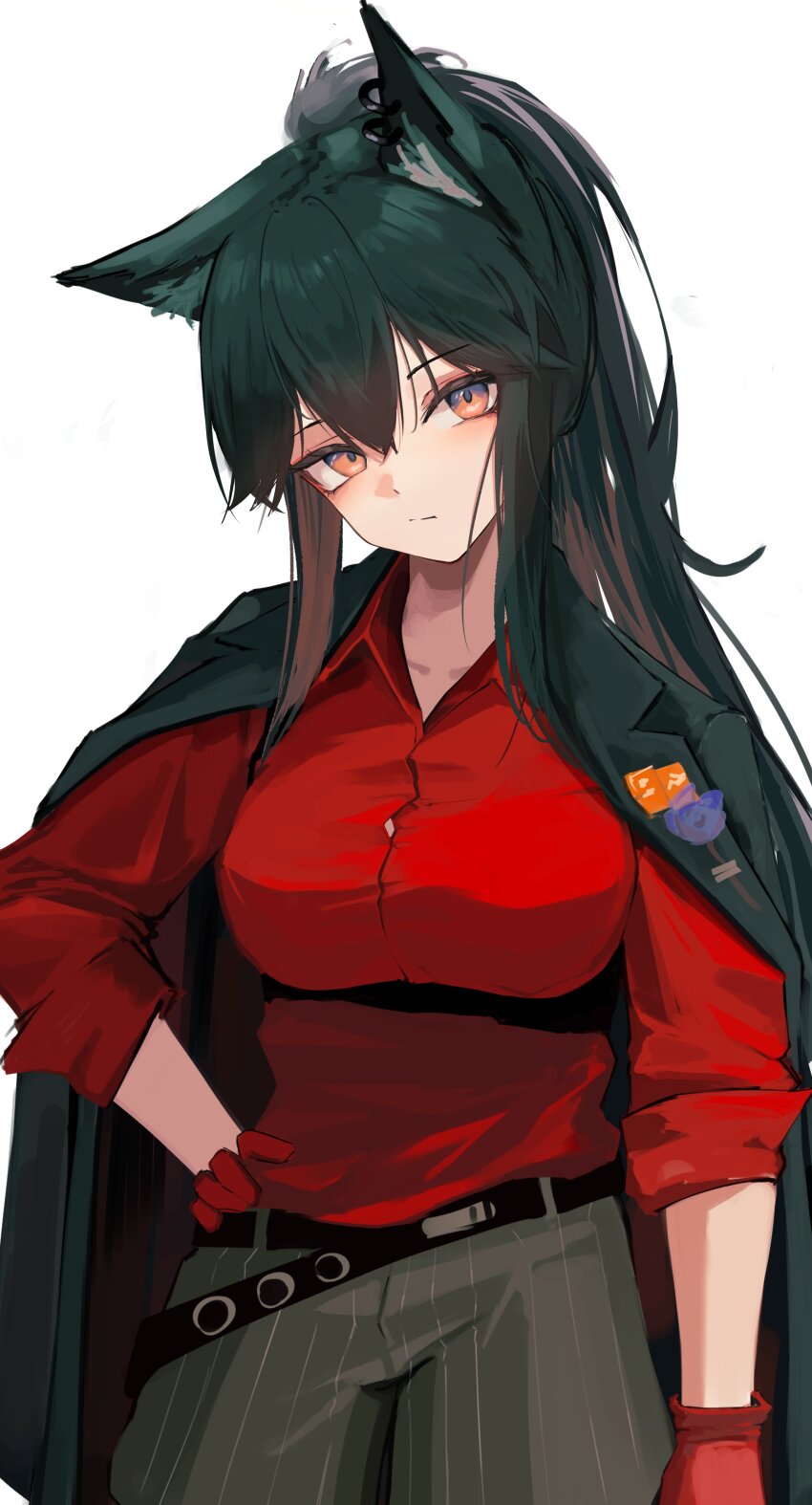 1girl absurdres animal_ears arknights black_coat black_hair black_shorts breasts closed_mouth coat coat_on_shoulders commentary_request gloves hand_on_own_hip highres looking_at_viewer nekomatamago official_alternate_costume official_alternate_hairstyle ponytail red_eyes red_gloves red_shirt shirt shorts simple_background sleeves_rolled_up solo texas_(arknights) texas_(willpower)_(arknights) upper_body white_background wolf_ears wolf_girl