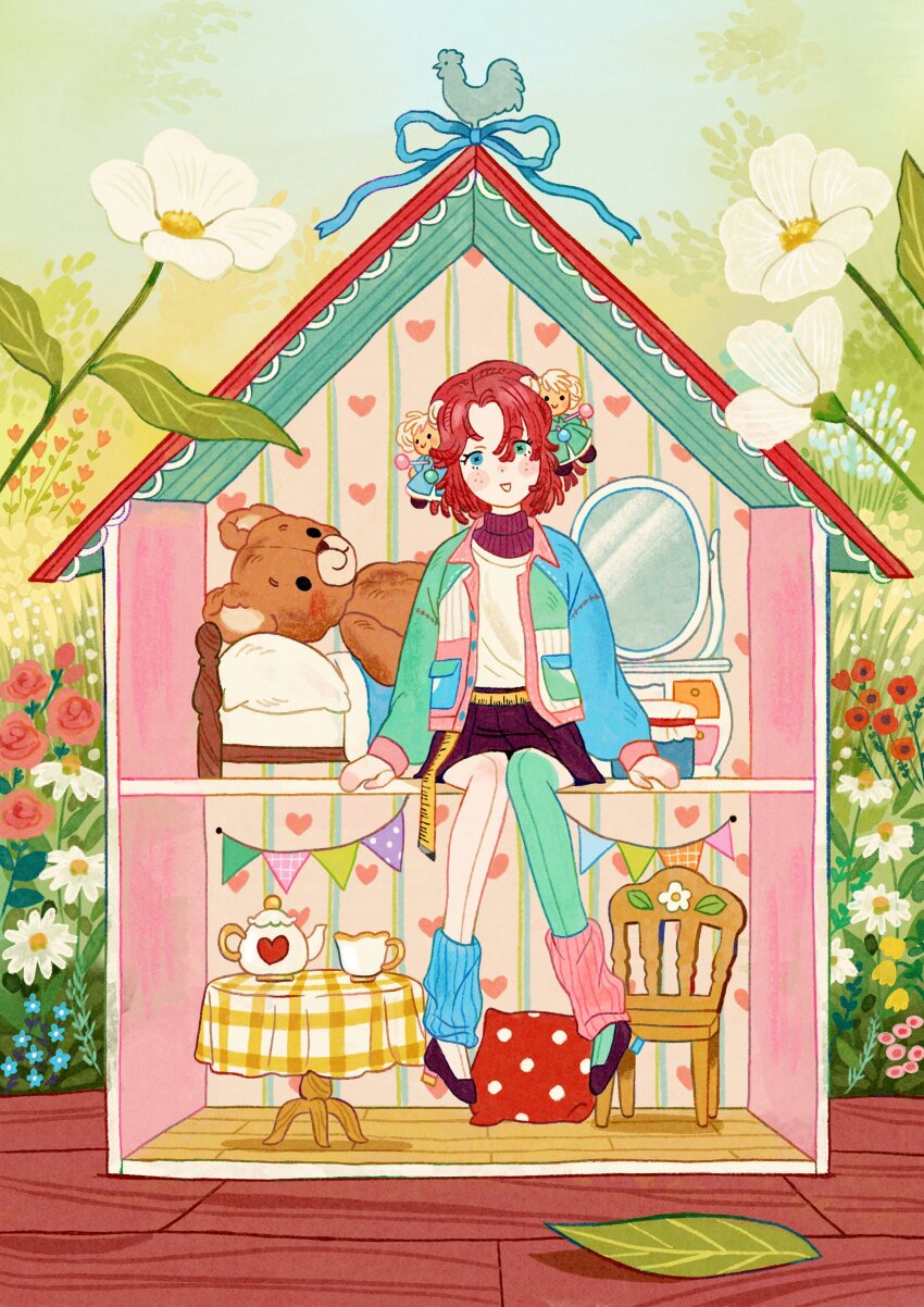 1girl absurdres asymmetrical_legwear black_skirt blue_eyes blue_flower blue_leg_warmers blue_ribbon blush chair cup doll doll_house flower freckles green_eyes heterochromia highres indie_virtual_youtuber leaf leg_warmers looking_at_viewer parted_lips pink_flower pink_leg_warmers plant pleated_skirt pupe_(sennbee1027) raggy_chiffon red_flower red_hair ribbon sitting skirt smile solo stuffed_animal stuffed_toy table tape_measure teapot teddy_bear virtual_youtuber white_flower yellow_flower