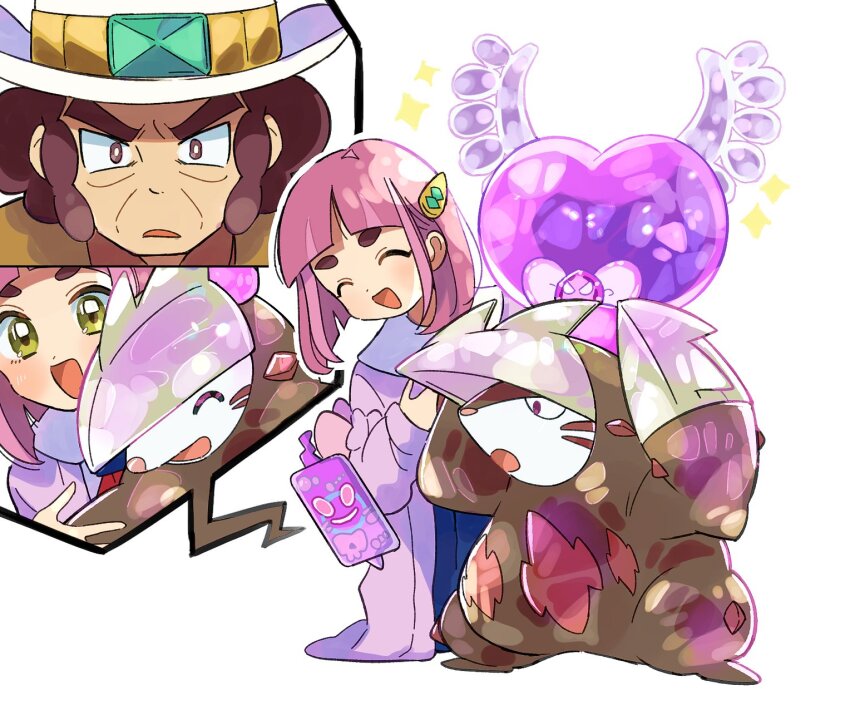 1boy 1girl :d ^_^ arched_bangs brown_eyes brown_hair cellphone clay_(pokemon) closed_eyes commentary_request cowboy_hat excadrill father_and_daughter gen_4_pokemon gen_5_pokemon hair_ornament hairclip hat highres lacey_(pokemon) medium_hair mismatched_eyebrows nintendo open_mouth phone pink_hair pokemon pokemon_(creature) pokemon_bw pokemon_sv red_eyes rotom rotom_phone simple_background smile snout terastallization thick_eyebrows v-shaped_eyebrows video_call white_background yunme