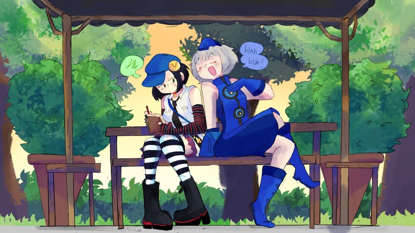 2girls absomaddo bench blue_hat newsboy_cap dress elbow_gloves elizabeth_(persona) fingerless_gloves gloves grey_hair hat highres horizontal-striped_thighhighs in-franchise_crossover lock marie_(persona_4) multiple_girls no_legwear padlock padlocked_collar persona persona_3 persona_4 persona_4_the_golden plaid_clothes plaid_skirt sitting skirt sleeveless sleeveless_dress smile speech_bubble striped_clothes striped_gloves striped_thighhighs table thighhighs