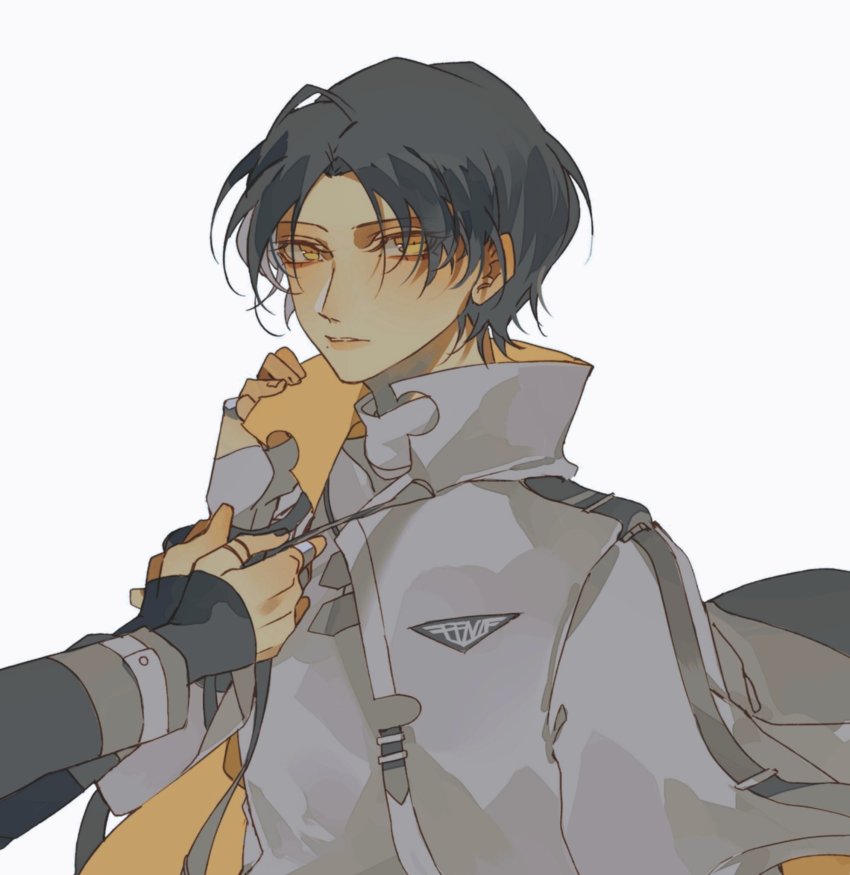 2boys black_hair black_nails black_sleeves cyuer11 disembodied_hand fenix_uniform highres igarashi_daiji jacket kagero_(kamen_rider_revice) kamen_rider kamen_rider_revice military military_jacket multiple_boys nail_polish removing_jacket short_hair white_background white_jacket yellow_eyes