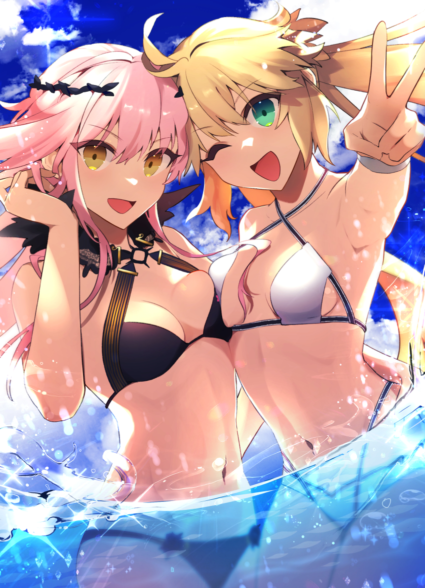2girls absurdres ahoge artoria_caster_(fate) artoria_caster_(swimsuit)_(fate) artoria_caster_(swimsuit)_(first_ascension)_(fate) artoria_caster_(swimsuit_berserker)_(fate) artoria_caster_(swimsuit_berserker)_(first_ascension)_(fate) artoria_pendragon_(fate) bare_shoulders bikini black_bikini blonde_hair blue_sky breasts circlet cleavage cnoc_na_riabh_(fate) cnoc_na_riabh_(swimsuit_foreigner)_(fate) criss-cross_halter fate/grand_order fate_(series) green_eyes halterneck highres long_hair looking_at_viewer medb_(fate) medium_breasts multiple_girls navel one_eye_closed open_mouth pink_hair sidelocks sky small_breasts smile swimsuit tia_(cocorosso) twintails wading water white_bikini yellow_eyes