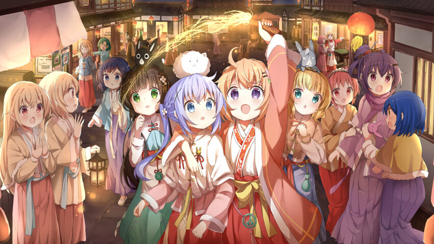 6+girls :d absurdres angora_rabbit animal animal_on_head anko_(gochiusa) aoyama_blue_mountain arm_up black_hair blonde_hair blue_eyes blue_hair blush braid brown_hair building character_request check_character chinese_clothes closed_eyes commentary_request fireworks fuiba_fuyu gochuumon_wa_usagi_desu_ka? green_eyes green_hair hair_ornament hairclip hanfu highres holding holding_fireworks hoto_cocoa jinja_eru jinja_natsume jouga_maya kafuu_chino karede_yura kirima_syaro lantern long_hair mate_rin multiple_girls natsu_megumi night on_head open_mouth outdoors paper_lantern pink_skirt ponytail purple_eyes purple_hair purple_skirt rabbit red_eyes red_hair red_skirt skirt smile stick_jitb tedeza_rize tippy_(gochiusa) translation_request ujimatsu_chiya very_long_hair wild_geese x_hair_ornament