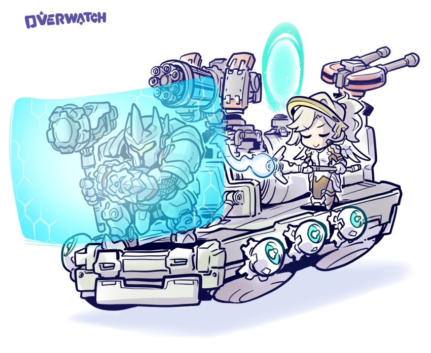 &gt;:&gt; 1boy 1girl armor bastion_(overwatch) blonde_hair chibi closed_eyes copyright_name energy_barrier energy_shield full_armor gatling_gun helm helmet kato_takuji mercy_(overwatch) overwatch overwatch_1 ponytail portal_(object) reinhardt_(overwatch) simple_background staff standing turret war_hammer warhammer weapon white_background