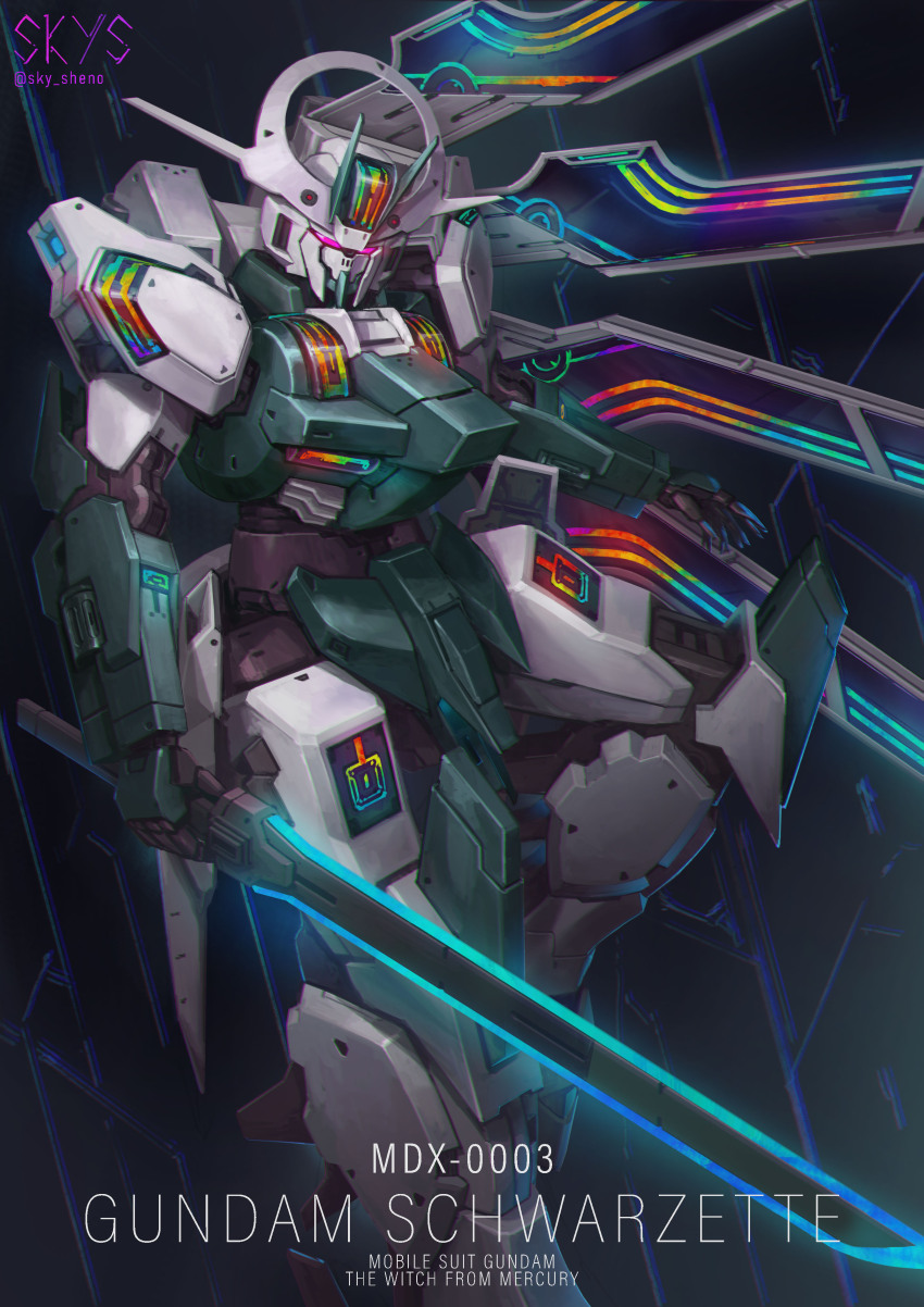 absurdres character_name copyright_name eye_trail glowing glowing_eyes gundam gundam_schwarzette gundam_suisei_no_majo highres holding holding_sword holding_weapon horns light_trail looking_at_viewer mecha mecha_focus mobile_suit no_humans open_hand purple_eyes robot science_fiction sky_(sky_sheno) solo sword twitter_username weapon
