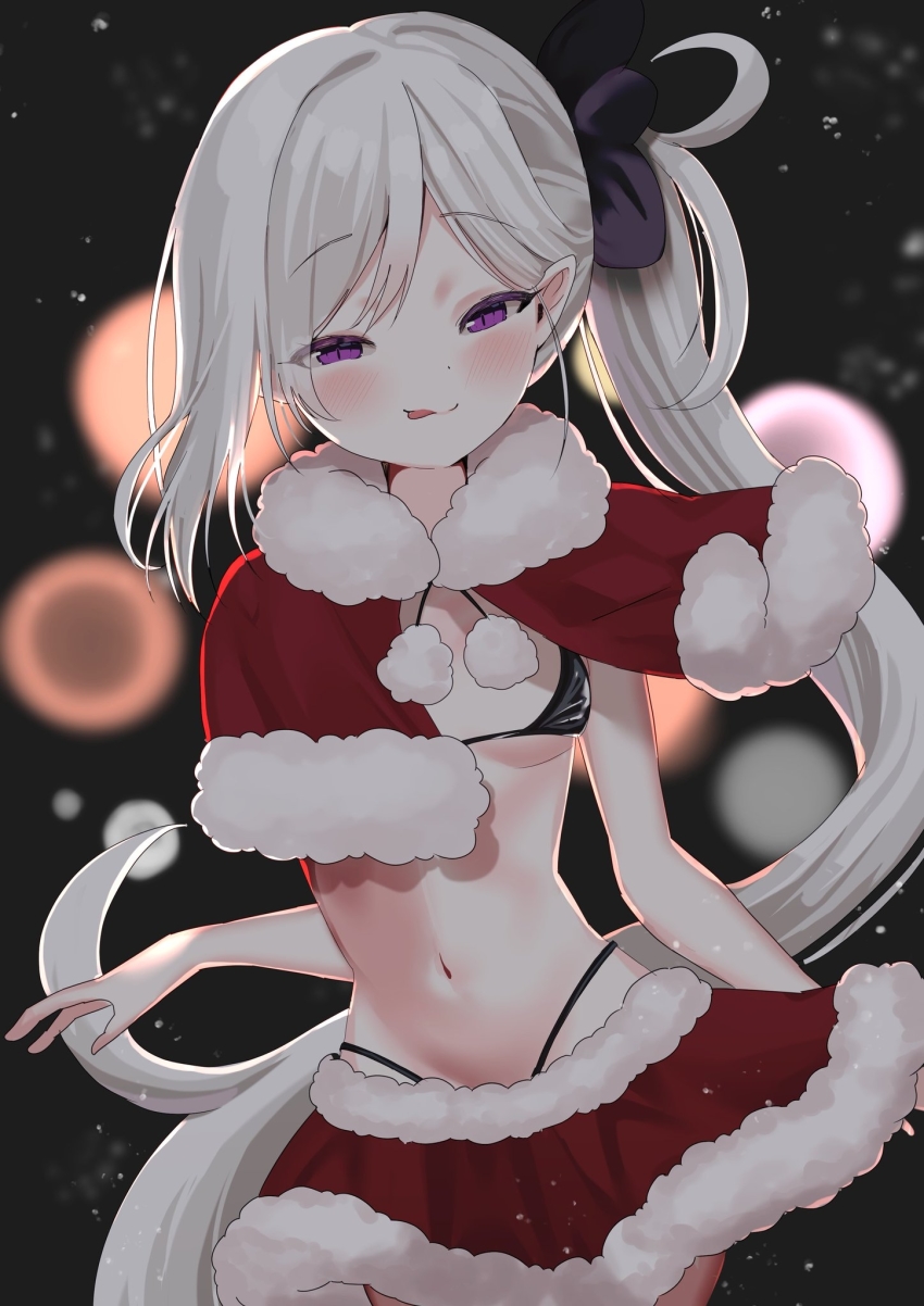 1girl bare_arms bikini black_bikini blue_archive blurry blush bokeh breasts capelet closed_mouth cowboy_shot depth_of_field dot_nose grey_hair half-closed_eyes highres long_hair looking_at_viewer micro_bikini miniskirt mutsuki_(blue_archive) navel purple_eyes raised_eyebrows santa_costume side_ponytail siranami_eight skirt small_breasts smile snow solo string_bikini swimsuit tongue tongue_out