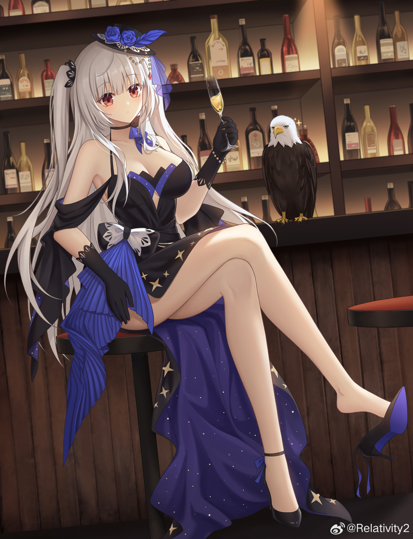 1girl alcohol alternate_costume bare_legs bare_shoulders bird black_choker black_dress black_gloves black_shoes bottle breasts choker cleavage crossed_legs cup dress drinking_glass eagle essex_(warship_girls_r) full_body gloves hair_ornament hat high_heels highres holding holding_cup indoors large_breasts legs long_hair looking_at_viewer red_eyes relativity2 shoe_dangle shoes sitting solo two_side_up warship_girls_r watermark weibo_watermark white_hair wine wine_bottle wine_glass
