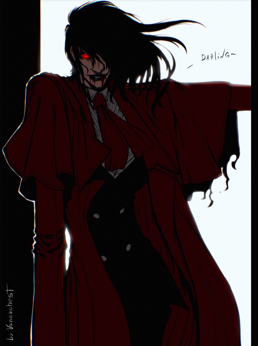 1girl alucard_(hellsing) black_hair boots breasts female_focus formal_clothes genderswap genderswap_(mtf) gloves hair_over_eyes hellsing highres jacket jacket_on_shoulders large_breasts long_hair magic smile smirk smug solo suit threatening vampire very_long_hair white_gloves