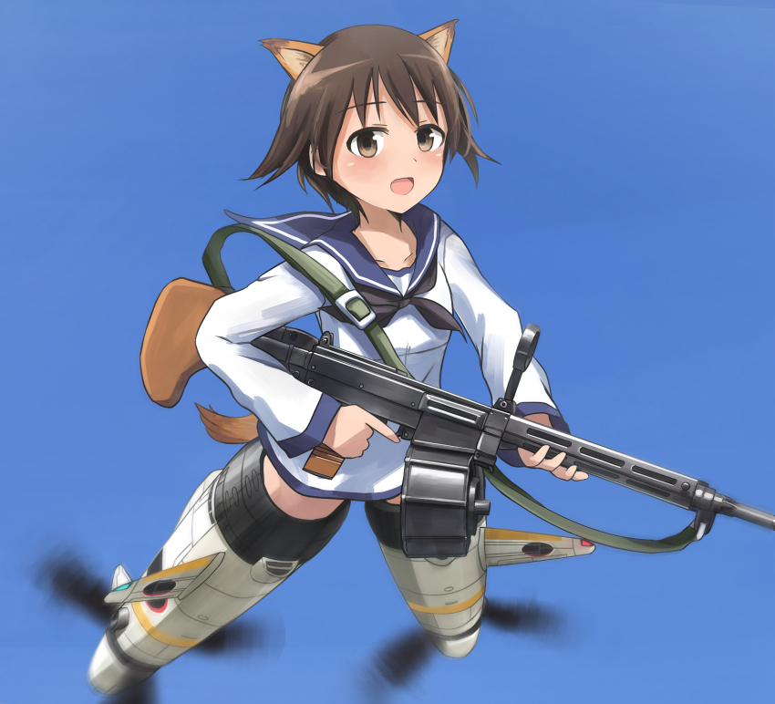 1girl animal_ears blue_background blue_sky brown_eyes brown_hair drum_magazine flying fox_ears fox_tail gun gun_sling highres holding holding_weapon jacket kk90 long_sleeves machine_gun magazine_(weapon) miyafuji_yoshika school_uniform short_hair sky solo strike_witches striker_unit tail weapon weapon_request white_jacket world_witches_series
