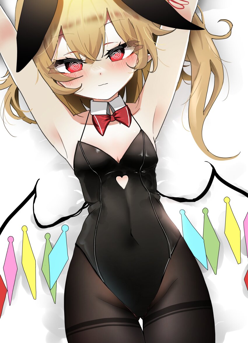 1girl @_@ absurdres animal_ears armpits arms_tied_above_head black_leotard black_pantyhose blonde_hair bow bowtie breasts cleavage clothing_cutout commentary covered_navel crystal_wings detached_collar english_commentary fake_animal_ears flandre_scarlet heart_cutout highres leotard looking_at_viewer lying on_back ougiikun pantyhose playboy_bunny rabbit_ears red_bow red_bowtie red_eyes solo thigh_gap thighband_pantyhose touhou wings