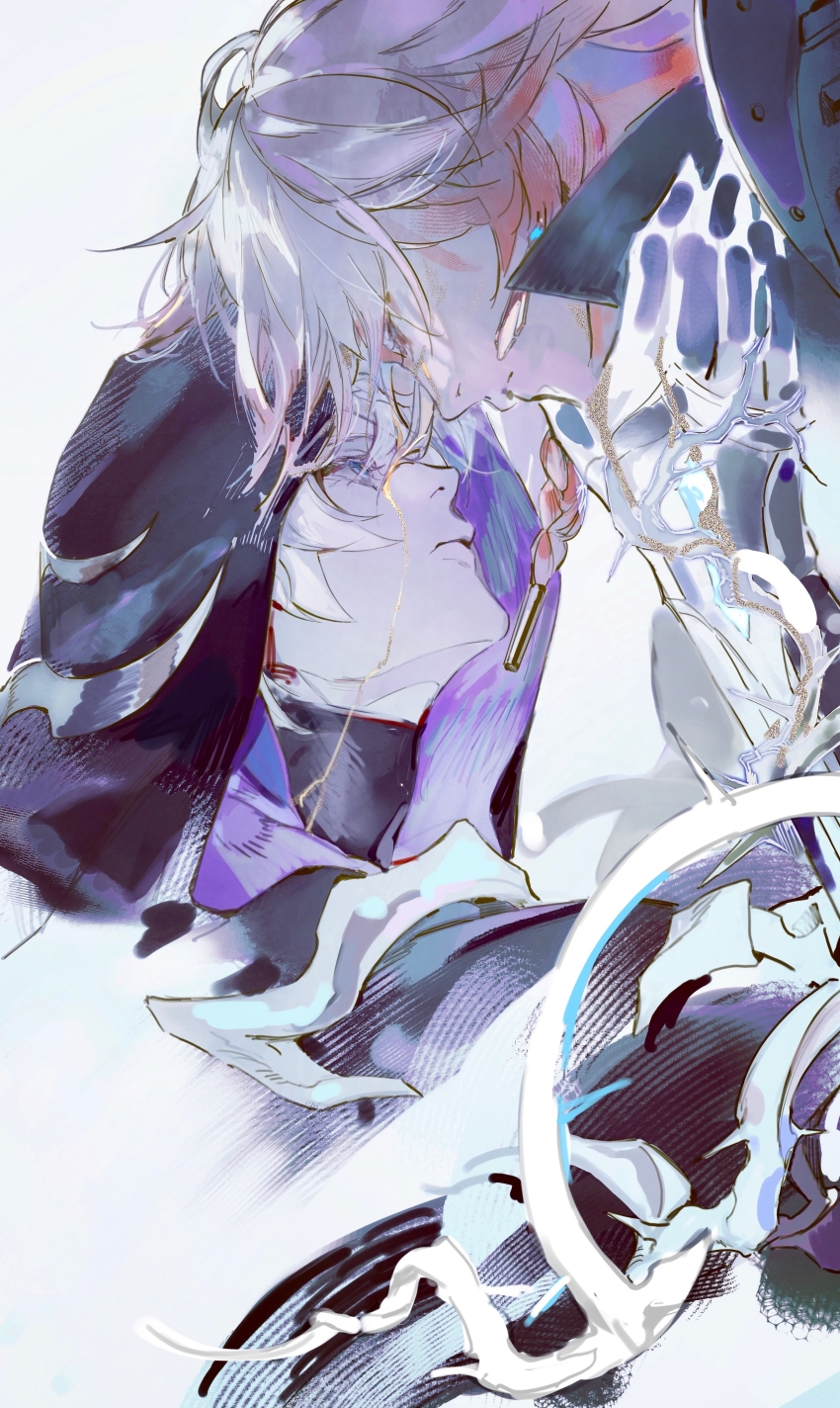 2boys 40080028157 absurdres black_cloak black_coat blonde_hair blue_eyes braid chinese_commentary clawed_gauntlets cloak closed_eyes coat commentary_request dark_persona flame_reaver_of_the_deepest_dark gradient_hair hair_between_eyes hand_on_another&#039;s_neck highres honkai:_star_rail honkai_(series) hood hood_up hooded_cloak liquid_gold looking_at_viewer male_focus medium_hair multicolored_hair multiple_boys mydei_(honkai:_star_rail) phainon_(honkai:_star_rail) red_hair short_hair side_braid simple_background white_background white_hair yaoi