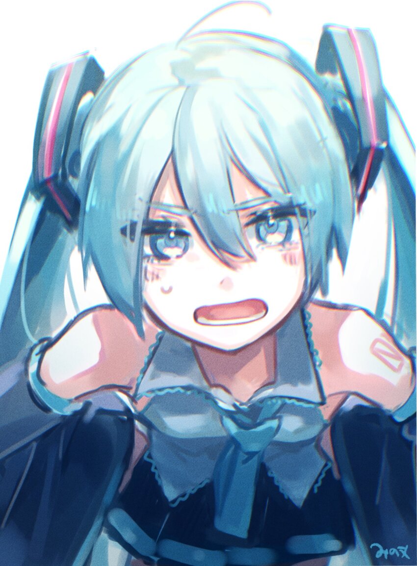 1girl ahoge angry aqua_eyes aqua_hair aqua_necktie artist_name bare_shoulders bent_over black_skirt black_sleeves detached_sleeves film_grain foreshortening grey_shirt hair_ornament hands_on_own_hips hatsune_miku highres light_blush long_hair looking_at_viewer lower_teeth_only mi_no_take miniskirt necktie open_mouth pleated_skirt shirt shoulder_tattoo skirt sleeveless sleeveless_shirt solo sweat tattoo teeth twintails v-shaped_eyebrows very_long_hair vocaloid white_background