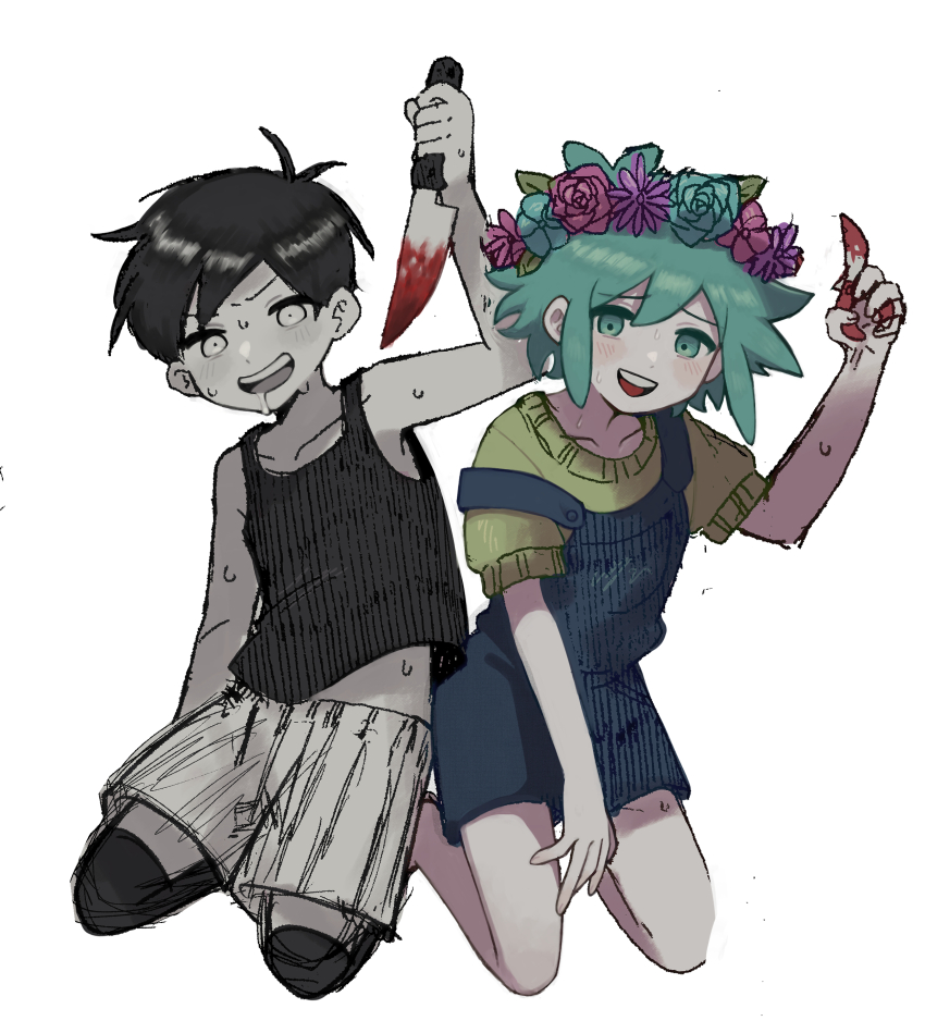 2boys absurdres antenna_hair aqua_eyes aqua_flower aqua_hair aqua_rose arm_at_side arm_up bare_arms basil_(headspace)_(omori) basil_(omori) black_socks black_tank_top blood bloody_knife blue_overalls buttons child collarbone colored_skin commentary_request drooling flower flower_wreath full_body gardening_shears green_shirt hair_behind_ear hand_on_own_thigh head_wreath highres holding holding_knife kneehighs kneeling knife male_focus multiple_boys official_alternate_eye_color omori omori_(omori) open_mouth overall_shorts overalls pink_flower pink_rose piyosuke_(piyoneko_suke) purple_flower rose shears shirt short_hair short_sleeves shorts sidelocks smile socks strap_slip striped_clothes striped_shorts sweat tank_top teeth upper_teeth_only v-shaped_eyebrows vertical-striped_clothes vertical-striped_shorts white_eyes white_skin