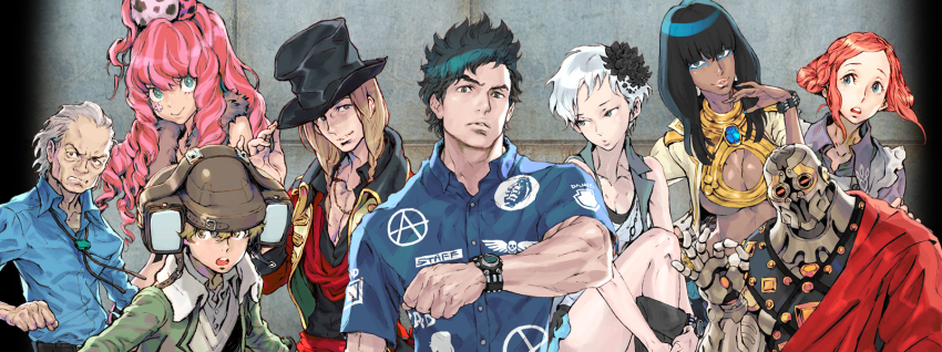 4boys 4girls alice_(kyokugen_dasshutsu) ancient_egyptian black_hair breasts cleavage dark_skin dio_(kyokugen_dasshutsu) eyeliner forehead hat helmet highres k_(kyokugen_dasshutsu) kyokugen_dasshutsu kyokugen_dasshutsu_adv:_zennin_shibou_desu long_hair luna_(kyokugen_dasshutsu) makeup multiple_boys multiple_girls nail_polish nishimura_kinu non-web_source old old_man phi_(kyokugen_dasshutsu) pink_hair quark_(kyokugen_dasshutsu) robot sigma_(kyokugen_dasshutsu) tenmyouji_(kyokugen_dasshutsu) top_hat very_dark_skin yotsuba_(kyokugen_dasshutsu)
