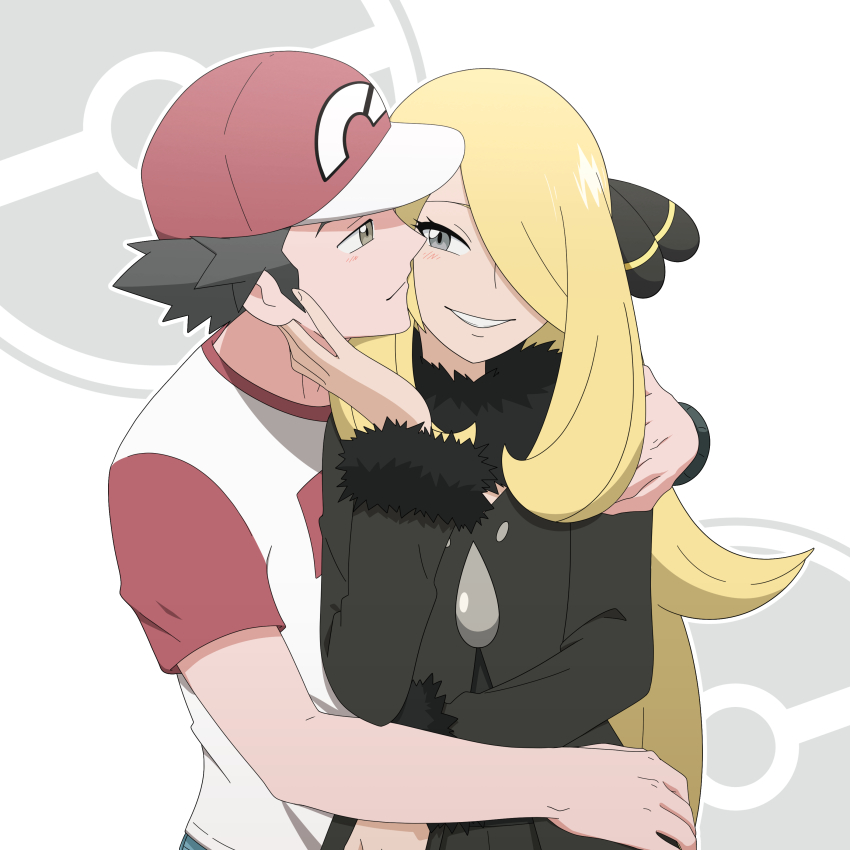 1boy 1girl absurdres baseball_cap blonde_hair blush cynthia_(pokemon) fur_collar hair_ornament hair_over_one_eye hand_on_another&#039;s_face hat highres hug nintendo pok3d pokemon pokemon_dppt pokemon_sm red_(pokemon) red_(pokemon_sm) shirt t-shirt