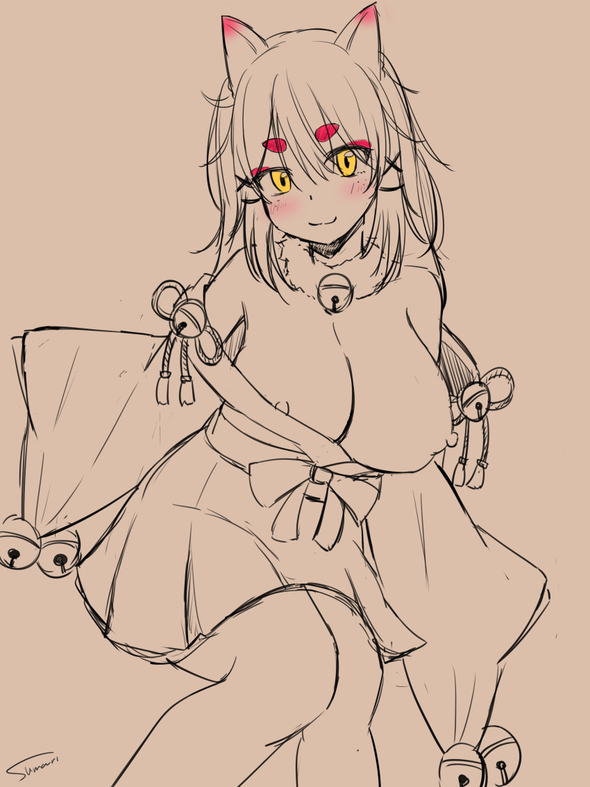 1girl absurdres animal_ears body_freckles bow breasts commission fox_ears fox_girl freckles fur_collar gohei hair_between_eyes hair_bow hair_ornament hair_ribbon highres indie_virtual_youtuber japanese_clothes kagari_kitsune large_breasts long_hair long_sleeves messy_hair multicolored_hair nipples nontraditional_miko pink_hair ribbon sidelocks simple_background skeb_commission sketch sleeves_past_fingers sleeves_past_wrists slit_pupils white_hair yellow_eyes