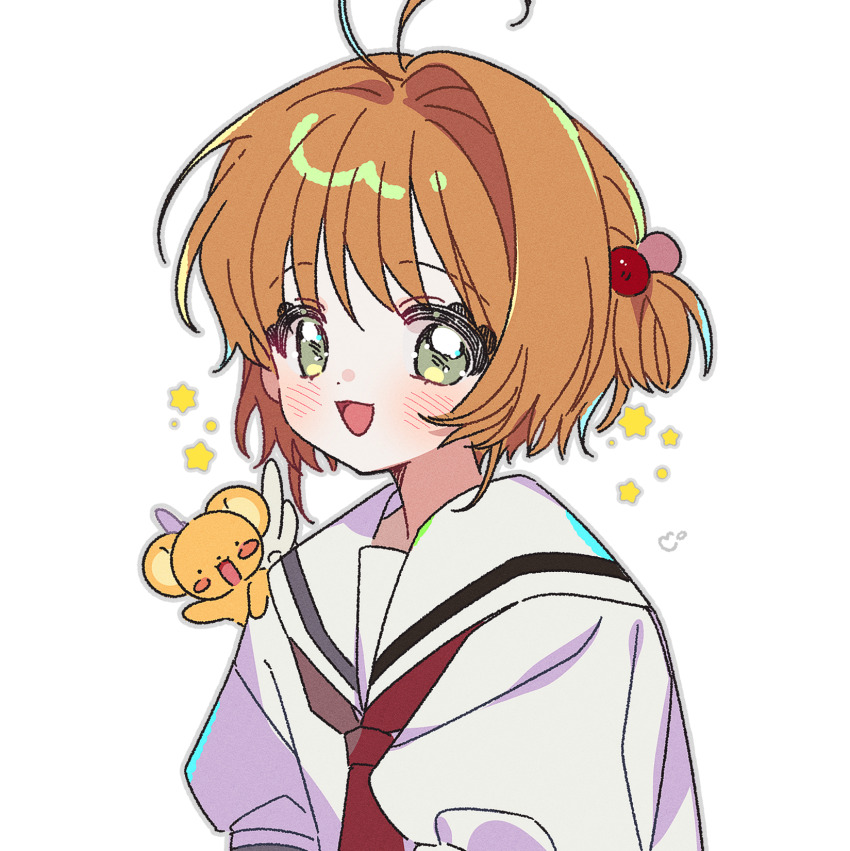 1girl :d animal antenna_hair black_trim blush brown_hair cardcaptor_sakura dot_nose green_eyes highres kero_(cardcaptor_sakura) kinomoto_sakura looking_at_viewer multicolored_hair_bobbles neckerchief one_side_up open_mouth puffy_short_sleeves puffy_sleeves red_neckerchief sailor_collar school_uniform serafuku shirt short_hair short_sleeves simple_background single_hair_intake smile solo sparkle sparkling_eyes star_(symbol) summer_uniform tomoeda_elementary_school_uniform upper_body white_background white_sailor_collar white_shirt yalmyu