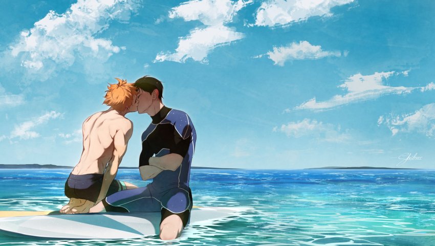 2boys black_hair black_jammers black_male_swimwear bodysuit cloud crossed_arms diving_suit haikyuu!! highres hinata_shouyou jammers kageyama_tobio kiss littleskrib male_focus male_swimwear multiple_boys ocean orange_hair outdoors partially_submerged seiza signature sitting sky surfboard swimsuit topless_male wetsuit yaoi