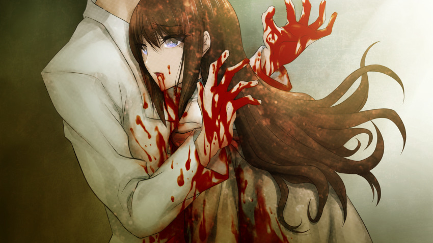1boy 1girl bleeding blood blood_drip blood_from_mouth blood_in_hair blood_on_clothes blood_on_face blood_on_hands blood_on_sleeves brown_hair brown_jacket coat collared_shirt dying game_cg hair_between_eyes hands_up highres huke indoors jacket jacket_partially_removed lab_coat lapels leaning_on_person long_hair looking_to_the_side makise_kurisu non-web_source notched_lapels official_art okabe_rintarou open_mouth palms purple_eyes ringed_eyes shirt sidelocks spoilers steins;gate white_coat white_shirt