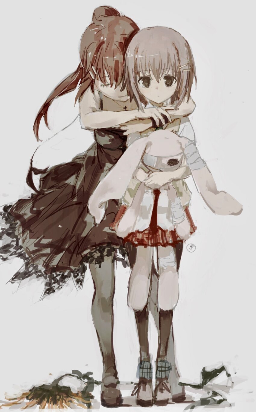 2girls bandages black_dress black_pantyhose black_shoes brown_hair closed_eyes closed_mouth dress expressionless floating_hair grey_background hair_ornament hairclip height_difference high_ponytail highres holding holding_stuffed_toy hug hug_from_behind light_smile long_hair looking_at_viewer mamiya_hasaki minakami_yuki multiple_girls pantyhose pleated_skirt ponytail red_skirt school_uniform shoes short_hair simple_background sketch skirt sleeveless sleeveless_dress stuffed_animal stuffed_rabbit stuffed_toy subarashiki_hibi taki_(a313131333)