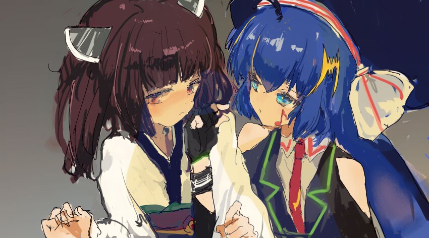 2girls absurdres ahoge averting_eyes bare_shoulders black_gloves black_jacket blue_eyes blue_hair blue_hat blush brown_hair clothing_cutout collared_shirt commentary_request embarrassed facial_tattoo gloves grey_background hand_up hat headgear highres jacket japanese_clothes kabuyama_kaigi kimono locked_arms long_hair long_sleeves looking_at_another multicolored_hair multiple_girls musical_note_tattoo necktie nose_blush obi obijime otomachi_una otomachi_una_(spicy) partially_fingerless_gloves pinching_gesture red_necktie sash shirt shoulder_cutout simple_background streaked_hair tattoo touhoku_kiritan vocaloid voiceroid white_kimono white_shirt