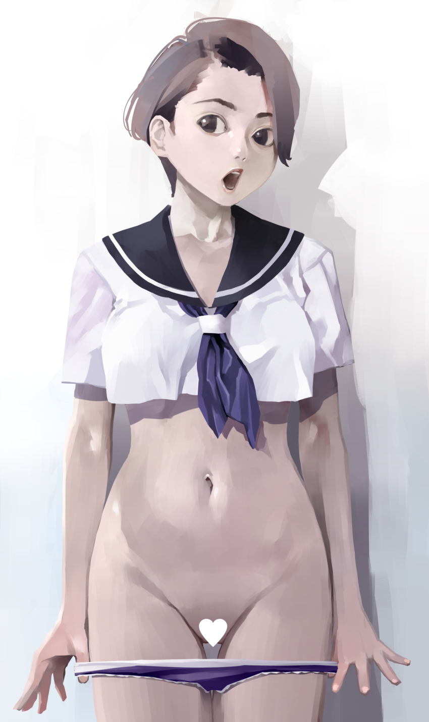 1girl black_sailor_collar blouse blue_neckerchief blue_panties breasts brown_eyes brown_hair censored cowboy_shot crop_top heart heart_card heart_censor highres inamitsu_shinji lips looking_at_viewer medium_breasts navel neckerchief no_pants open_mouth original paid_reward_available panties panty_pull pulling_own_clothes sailor_collar school_uniform serafuku shadow shirt short_hair short_sleeves solo standing stomach tareme teeth underwear white_background white_shirt