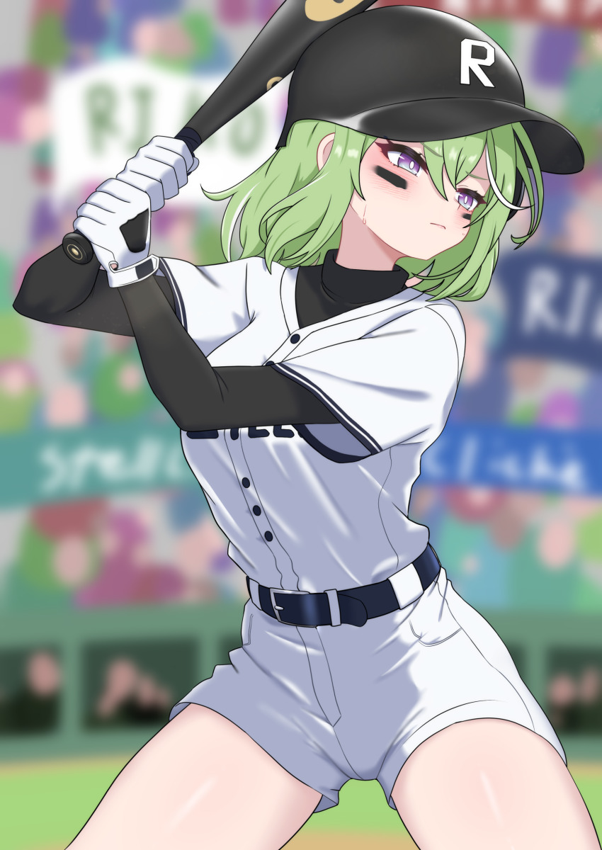 1girl baseball_bat baseball_cap baseball_uniform belt blurry blurry_background cowboy_shot depth_of_field gloves green_hair hat highres holding holding_baseball_bat medium_hair oldsickkim purple_eyes shirt short_shorts short_sleeves shorts solo sportswear stellive sweater turtleneck turtleneck_sweater virtual_youtuber white_gloves white_shirt white_shorts yuzuha_riko