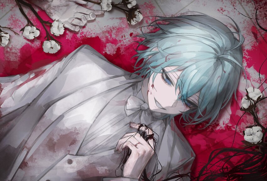 1boy 1girl ahoge aqua_hair black_hair blazer blood blood_in_hair blood_on_clothes blood_on_face blood_on_ground blue_eyes bow bowtie cooccocoocco cotton_(plant) death empty_eyes flower formal_clothes grin hair_between_eyes holding_another&#039;s_hair jacket jewelry long_hair lying male_focus nagisa_trout nijisanji no_pupils on_back on_ground out_of_frame pale_skin pink_blood pool_of_blood ring shirt short_hair sidelocks smile solo_focus suit tile_floor tiles twirling_hair vest white_bow white_bowtie white_flower white_jacket white_shirt white_suit white_vest zuutto_issho_(kitani_tatsuya)