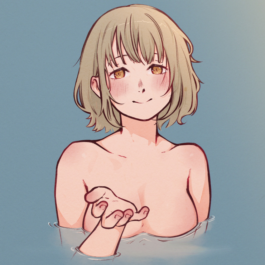 1girl arm_at_side bathing blonde_hair blush breasts collarbone completely_nude dungeon_meshi eyelashes falin_touden female_focus fingernails hand_up happy large_breasts looking_at_viewer medium_hair messy_hair monokarumaru neck nude outstretched_hand partially_submerged scene_reference sidelocks smile topless_frame upper_body water yellow_eyes