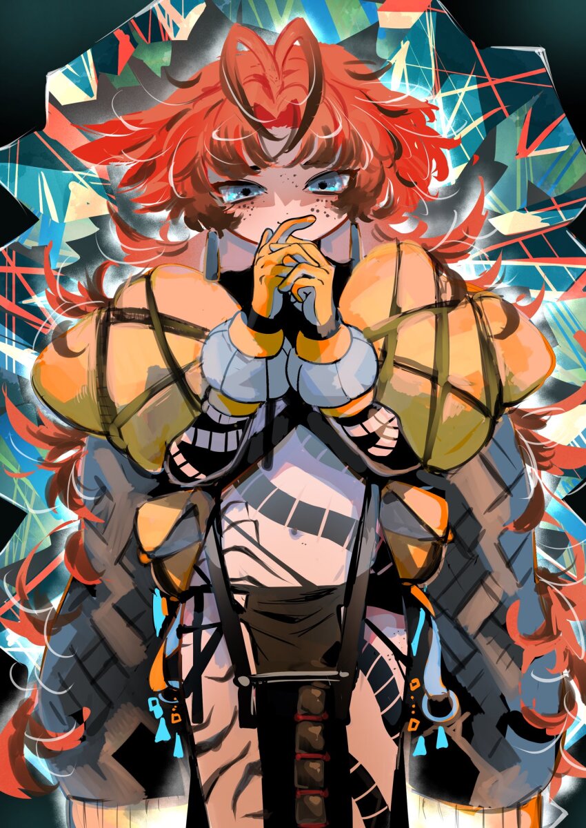 1boy blue_background blue_eyes brown_jacket centipede_tattoo closed_mouth commentary_request cowboy_shot freckles full-body_tattoo gloves hands_up highres jacket jacket_on_shoulders long_hair long_sleeves male_focus original pelvic_curtain red_hair shima_(wansyon144) smile solo tattoo trap very_long_hair yellow_gloves
