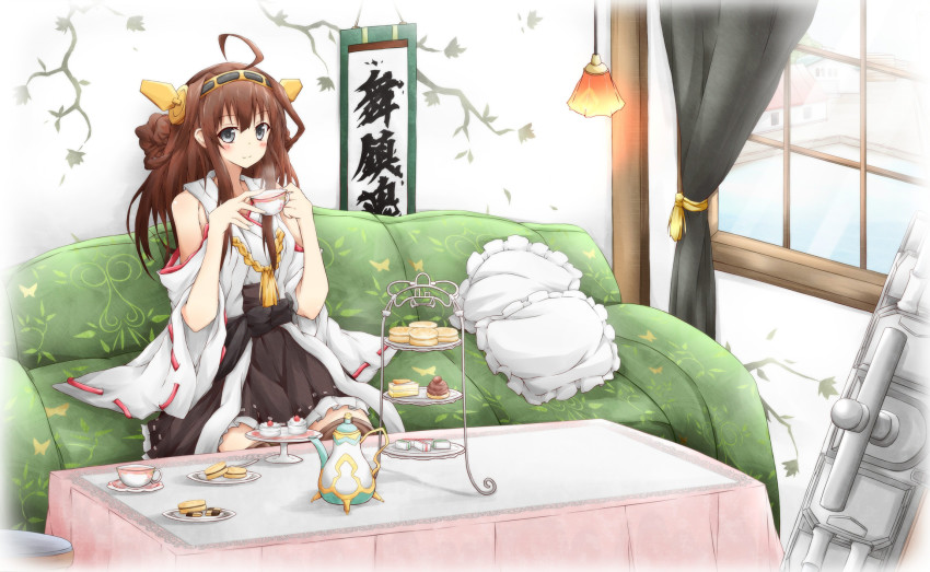 10s 1girl ahoge bare_shoulders brown_hair cake checkerboard_cookie cookie couch cup curtains detached_sleeves female_focus food green_upholstery grey_eyes hair_ornament highres japanese_clothes kantai_collection karamoneeze kongou_(kancolle) long_hair long_sleeves md5_mismatch patterned_upholstery personification pillow plate sash shirt sign sitting skirt smile solo teacher teacup teapot tiered_serving_stand tiered_tray wide_sleeves window