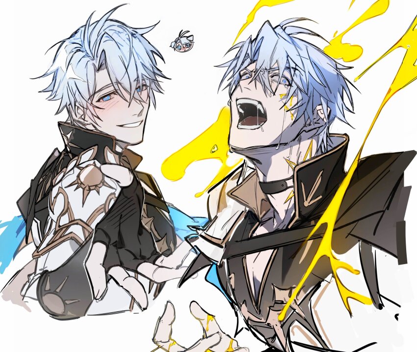 absurdres animal_ears arm_up armor belt_collar black_collar black_shirt blue_eyes blush collar cropped_torso curtained_hair dog_ears gyulseu hair_between_eyes high_collar highres honkai:_star_rail honkai_(series) looking_back male_focus multiple_views neck_tattoo open_mouth outstretched_arm outstretched_hand parted_hair pauldrons phainon_(honkai:_star_rail) popped_collar reaching reaching_towards_viewer saliva shirt shoulder_armor smile tattoo teeth tongue white_background white_hair wide-eyed