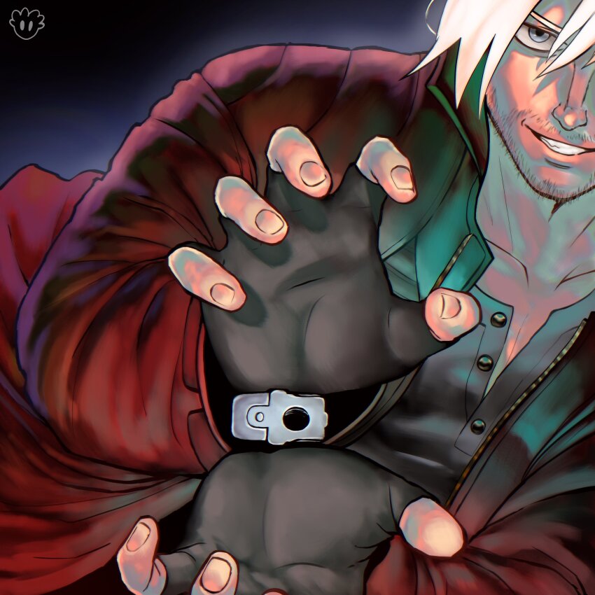 1boy absurdres beard_stubble black_gloves coat commentary dante_(devil_may_cry) devil_may_cry_(series) devovas english_commentary facial_hair fingerless_gloves gloves grey_eyes grin gun hadouken highres kamehameha_(dragon_ball) male_focus photo-referenced red_coat signature smile solo stubble upper_body weapon white_hair