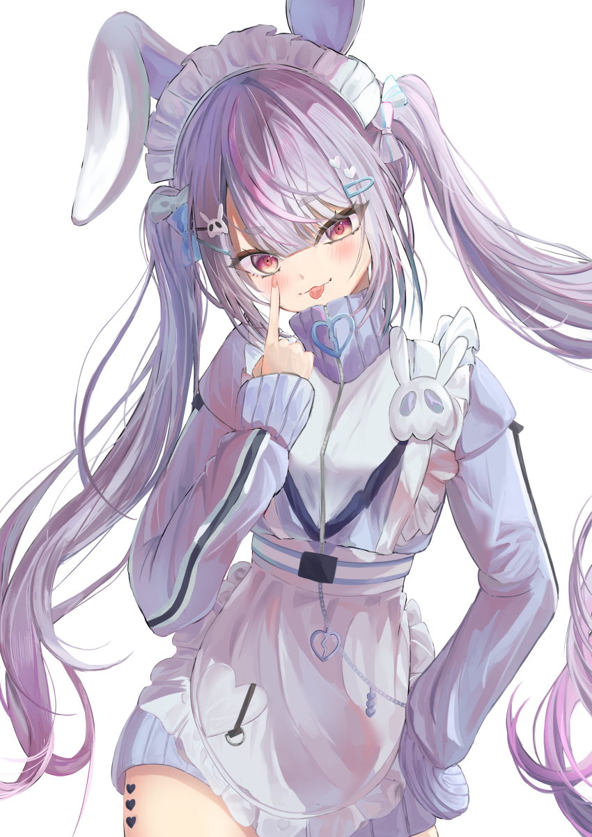 1girl 1ruq absurdres akanbe animal_ears apron commentary_request cowboy_shot eyelid_pull fake_animal_ears hair_ornament hairclip hand_on_own_hip hand_up heart heart_hair_ornament highres jacket jersey_maid long_hair long_sleeves looking_at_viewer maid maid_apron maid_headdress multicolored_hair purple_hair rabbit_ears red_eyes simple_background single_ear_down single_sleeve_past_fingers sleeves_past_fingers sleeves_past_wrists solo streaked_hair tongue tongue_out tosaki_mimi tosaki_mimi_(4th_costume) turtleneck turtleneck_jacket twintails unconventional_maid virtual_youtuber vspo! white_background