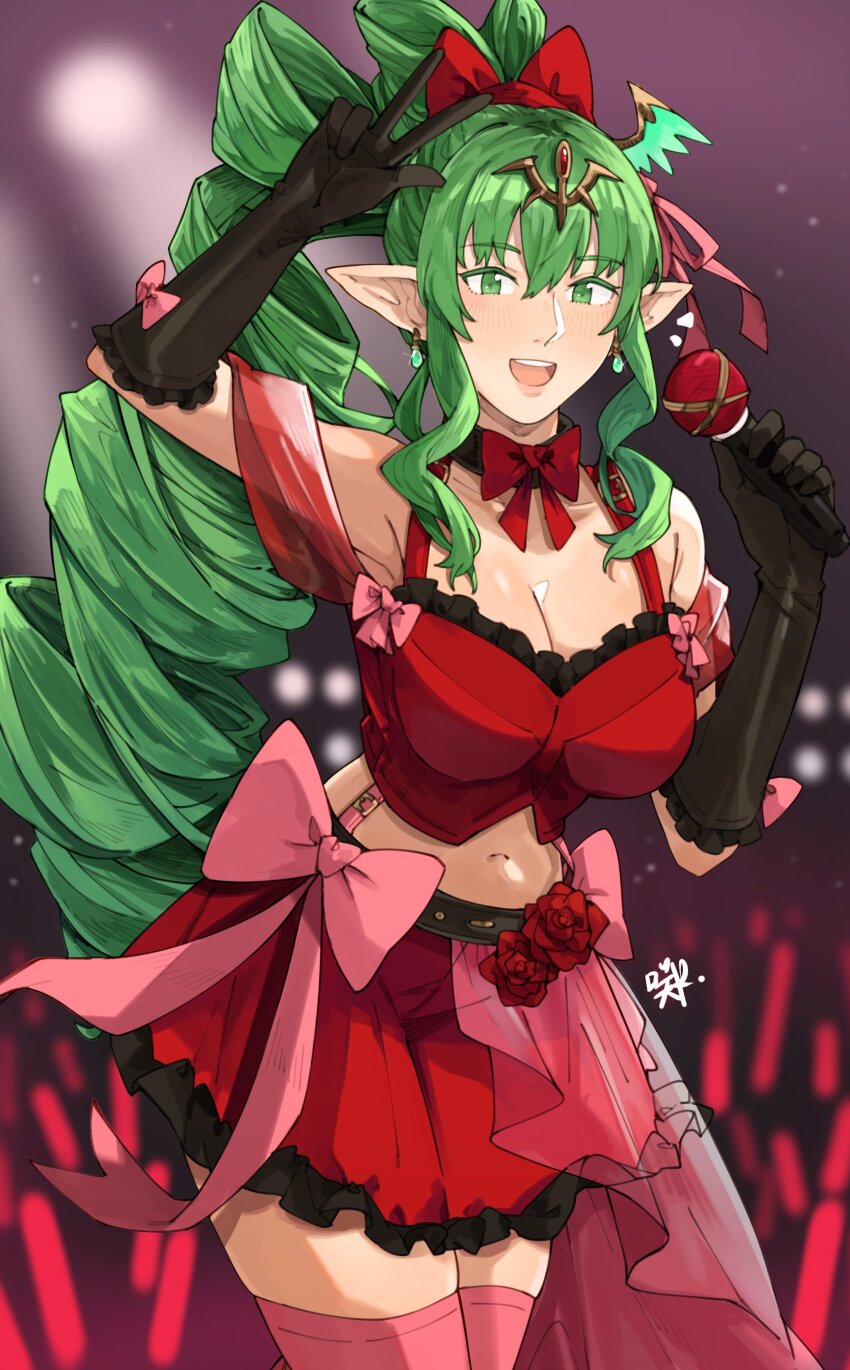 1girl absurdres alternate_costume alternate_hairstyle arm_up black_choker black_gloves blurry blurry_background bow bow_choker bow_skirt breasts choker cleavage commentary concert cowboy_shot crop_top drill_hair drill_ponytail earrings elbow_gloves english_commentary fire_emblem fire_emblem_awakening flower gem glove_bow gloves glowstick green_eyes green_hair hair_between_eyes hair_bow hair_ornament hair_ribbon hand_up highres holding holding_microphone idol idol_clothes jewelry light_blush long_hair looking_at_viewer microphone midriff navel nintendo notice_lines open_mouth penlight_(glowstick) pink_bow pink_ribbon pink_thighhighs pointy_ears ponytail red_bow red_flower red_gemstone red_rose red_shirt red_skirt ribbon rose sakuremi see-through_clothes shirt skindentation skirt smile solo strap teeth thighhighs tiara tiki_(adult)_(fire_emblem) tiki_(fire_emblem) upper_teeth_only v
