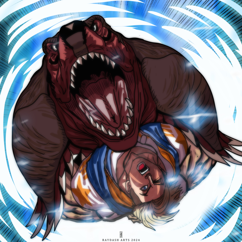 2boys absurdres animal_head blonde_hair blue_eyes crossover dinosaur_boy dinosaur_costume highres hood hoodie king_of_dinosaurs luchador luchador_mask luke_sullivan male_focus multiple_boys muscular muscular_male open_mouth raydash30 sleeveless sleeveless_hoodie snk street_fighter street_fighter_6 the_king_of_fighters the_king_of_fighters_xiv wrestler wrestling_mask
