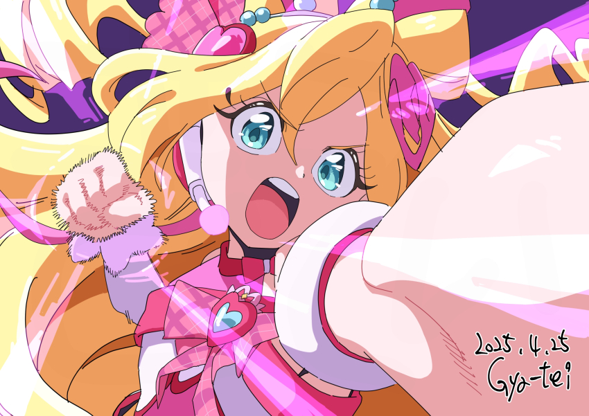 1girl aqua_eyes arm_warmers artist_name blonde_hair bow bow-shaped_hair brooch crop_top cure_idol dated detached_sleeves gya-tei hair_between_eyes hair_bow headset heart heart_brooch highres idol_fist_bump incoming_attack incoming_punch jewelry kimi_to_idol_precure long_hair looking_at_viewer magical_girl multicolored_hair open_mouth pink_bow pink_hair precure puffy_short_sleeves puffy_sleeves punching sakura_uta_(precure) short_sleeves simple_background single_arm_warmer solo teeth two-tone_hair upper_body upper_teeth_only v-shaped_eyebrows