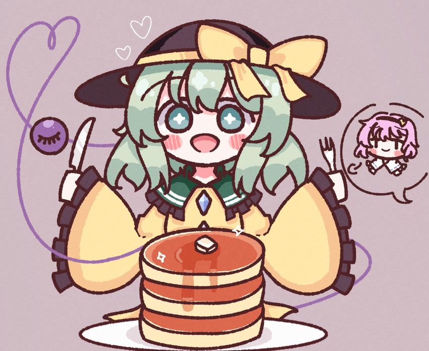 +_+ 1girl :d black_headwear blush blush_stickers bow butter buttons diamond_button food fork frilled_shirt_collar frilled_sleeves frills green_eyes green_hair hairband hat hat_bow heart heart_of_string highres holding holding_fork holding_knife knife komeiji_koishi komeiji_satori light_green_hair long_sleeves medium_hair open_mouth pancake pancake_stack pink_hair plate shirt simple_background sleeves_past_wrists smile solo syrup t_t third_eye touhou waroemon yellow_bow yellow_shirt