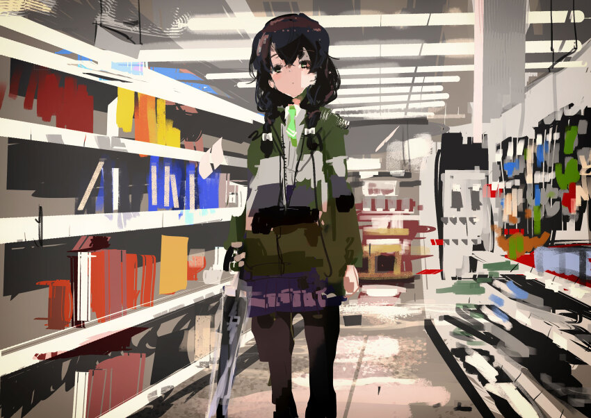1girl arms_at_sides black_hair black_pantyhose ceiling_light cevio closed_mouth closed_umbrella commentary_request expressionless feet_out_of_frame fluorescent_lamp green_eyes green_hoodie green_necktie grocery_store hanakuma_chifuyu highres holding holding_umbrella hood hood_down hoodie indoors kabuyama_kaigi long_hair looking_at_viewer necktie no_eyewear pantyhose partially_unzipped purple_skirt shelf shirt skirt solo standing synthesizer_v umbrella white_shirt