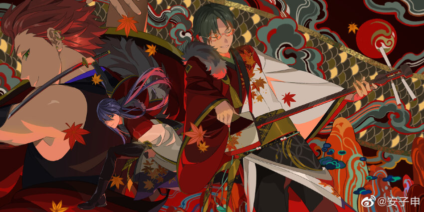 3boys anzishen black_boots boots earrings ensemble_stars! green_hair hasumi_keito highres holding holding_sword holding_weapon jewelry kanzaki_souma kiryu_kuro leaf long_hair maple_leaf multiple_boys open_mouth purple_hair smile sword weapon