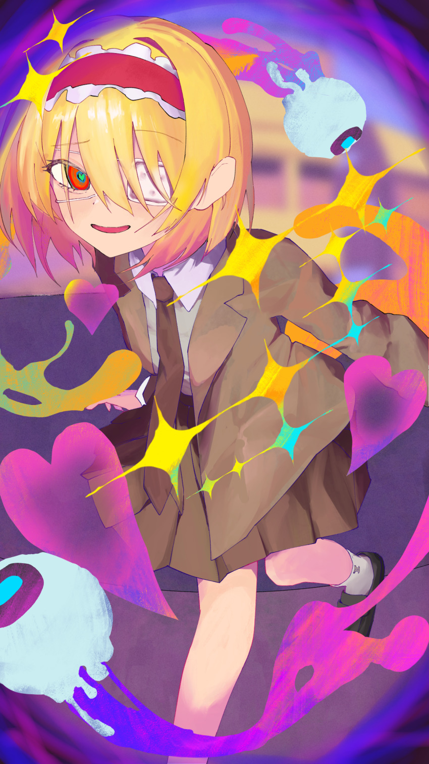 1girl absurdres alice_margatroid blonde_hair blurry_edges brown_jacket brown_necktie brown_skirt collared_shirt commentary_request cookie_(touhou) eyepatch foot_out_of_frame frilled_hairband frills green_pupils hairband heart heart-shaped_pupils highres hinase_(cookie) jacket looking_at_viewer medical_eyepatch monitoring_(vocaloid) necktie open_clothes open_jacket open_mouth red_eyes red_hairband shirt short_hair skirt smile solo symbol-shaped_pupils touhou white_shirt whiterolo