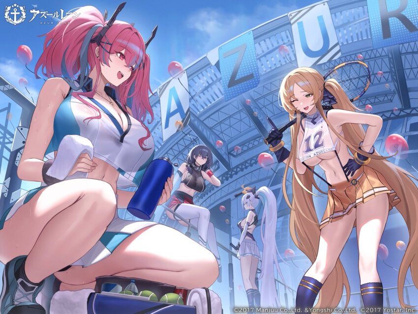 4girls azur_lane bare_shoulders blonde_hair blush breasts bremerton_(azur_lane) bremerton_(scorching-hot_training)_(azur_lane) cleavage commentary_request crop_top crop_top_overhang green_eyes grey_hair hair_between_eyes hair_intakes hair_ornament holding holding_racket hornet_(azur_lane) hornet_(cheering_justice!)_(azur_lane) jeze kearsarge_(azur_lane) large_breasts long_hair low_twintails multicolored_hair multiple_girls no_mole official_alternate_costume open_mouth orange_skirt pink_hair pittsburgh_(azur_lane) ponytail racket red_eyes second-party_source shirt skirt smile sportswear streaked_hair suspender_skirt suspenders tennis_racket tennis_uniform twintails two-tone_shirt two-tone_skirt underboob very_long_hair white_hair white_shirt x_hair_ornament