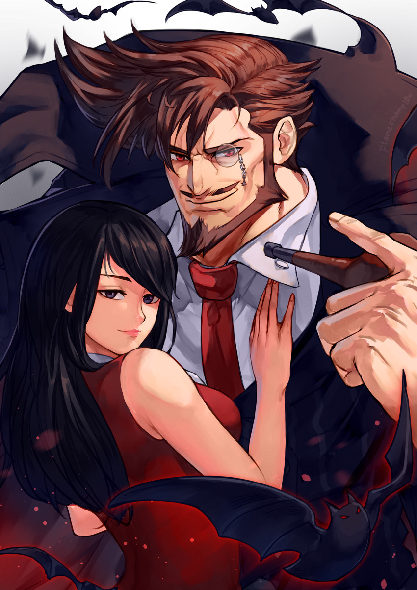1boy 1girl bat_(animal) beard black_eyes black_hair brown_hair commission facial_hair flamechamp10n formal_clothes guilty_gear guilty_gear_strive highres husband_and_wife long_hair looking_at_viewer mature_female mature_male monocle mustache necktie red_eyes red_necktie sharon_(guilty_gear) shirt short_hair slayer_(guilty_gear) smile smoking_pipe suit white_shirt
