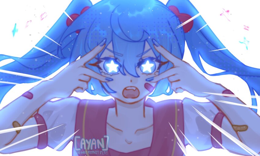 1girl aqua_hair aqua_nails ayan_(khq_xx07) bandaid black_sleeves blue_hair double_inward_v double_v fang grey_shirt hair_between_eyes hatsune_miku highres inward_v long_hair looking_at_viewer m@gical_cure!_love_shot!_(vocaloid) meme miku_miku_beaaaam!!_(meme) open_mouth shirt solo star-shaped_pupils star_(symbol) symbol-shaped_pupils twintails v v_over_eye vocaloid