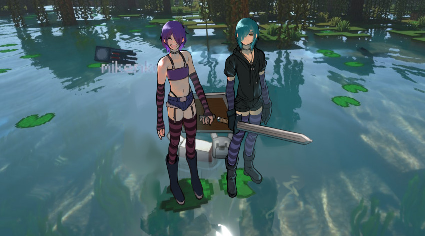 2boys 2n5 ^_^ absurdres androgynous aqua_hair arm_warmers black_boots black_gloves black_jacket black_shorts blue_shorts boots borrowed_character choker closed_eyes closed_mouth dog full_body game_screenshot_inset garter_straps gloves highres holding holding_sword holding_weapon jacket lily_pad male_focus minecraft multiple_boys navel open_mouth original purple_hair short-sleeved_jacket short_hair short_shorts short_sleeves shorts smile standing striped_arm_warmers striped_clothes striped_thighhighs sword thighhighs weapon wolf_(minecraft) yellow_eyes