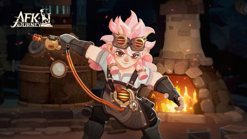 1girl afk_(series) afk_journey apron arm_up belt black_pants blurry blurry_background braid brown_apron brown_belt brown_gloves cable commentary copyright_name dwarf embers english_commentary eyelashes fingerless_gloves fire floating_hair freckles furnace gauge gear_hair_ornament gloves goggles goggles_on_head gun hair_between_eyes hair_ornament highres holding holding_gun holding_weapon holster indoors industrial_pipe long_hair looking_at_viewer official_art outstretched_arm pants parted_lips pink_hair pressure_gauge quad_braids red_eyes shirt short_sleeves side_braids smile solo standing thigh_holster v-shaped_eyebrows valve weapon white_shirt wooden_box zanie_(afk)