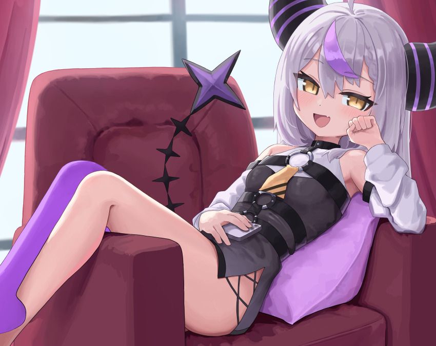 1girl absurdres black_dress black_horns blush breasts cellphone chair chest_harness collar curtains demon_girl demon_horns detached_sleeves dress grey_hair hair_between_eyes harness highres holding holding_phone hololive horns la+_darknesss la+_darknesss_(1st_costume) long_hair looking_at_viewer multicolored_hair o-ring o-ring_top on_chair open_mouth pantyhose phone purple_hair purple_horns purple_pantyhose rihitonn side_slit single_leg_pantyhose sitting sleeveless sleeveless_dress small_breasts smartphone smile solo streaked_hair striped_horns tail virtual_youtuber window yellow_eyes